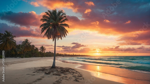 A solitary palm tree swaying gently atop a sandy beach and set against a backdrop of a vibrant sunset sky © mdaktaruzzaman