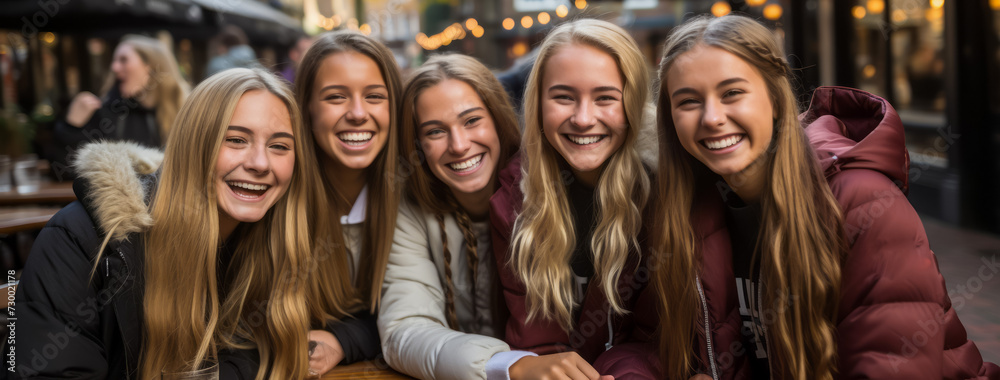 Group of radiant young women enjoying time together outdoors