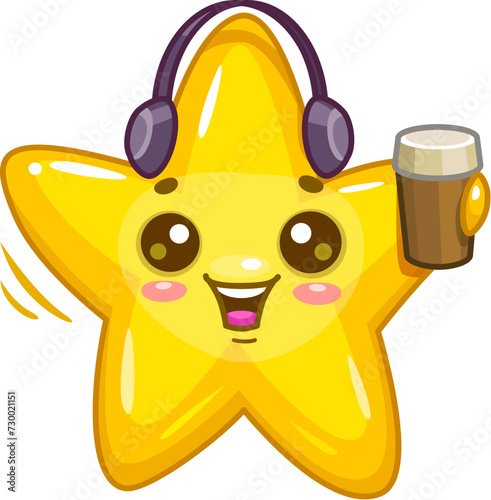 Cartoon cute kawaii star and twinkle personage character wearing trendy headphones, happily sipping from a coffee cup. Isolated vector whimsical adorable toon radiates a cheerful celestial vibes