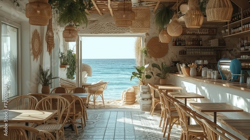 The interior of a cafe by the sea. The main materials for the interior are terracotta. Generative AI. photo