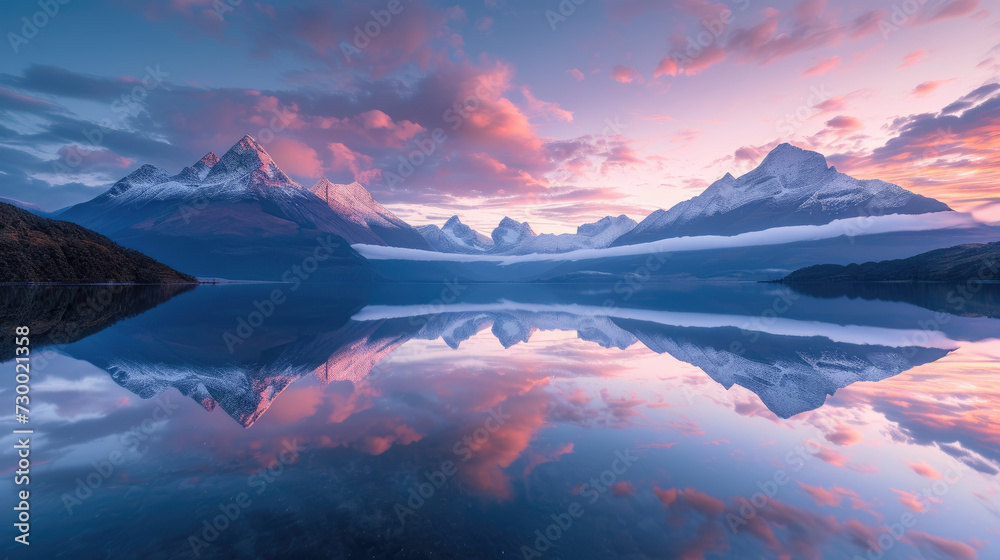 Majestic mountains with perfect reflections in calm lakes and amazing colored skies at dawn