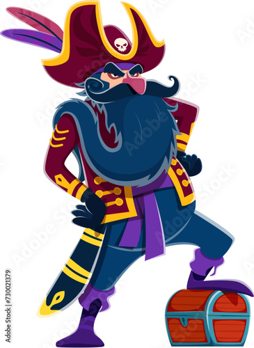 Cartoon pirate long bearded captain or corsair sailor character with treasure chest, vector personage. Angry man pirate filibuster in tricorne hat with skull or parrot feathers for Caribbean adventure
