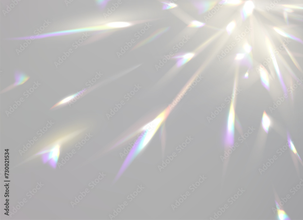 Prism light overlay with rainbow light effect, transparent flares of crystal diamond, vector background. Prism light glares or lens flare spectrum of gem glass refraction or sun light dispersion