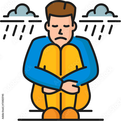 Depression psychological disorder problem, mental health vector linear icon represents feelings of sadness, hopelessness and emotional struggles during difficult times. Unhappy person and rainy clouds