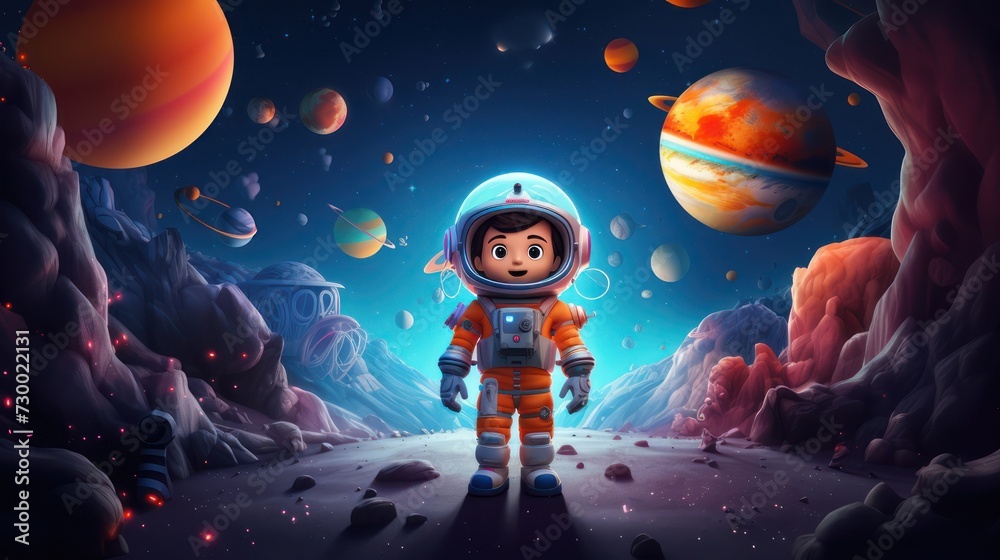 Naklejka premium Illustration of an astronaut in space, children's costume astronaut suit and helmet, the theme of knowledge and education. White background illustration.