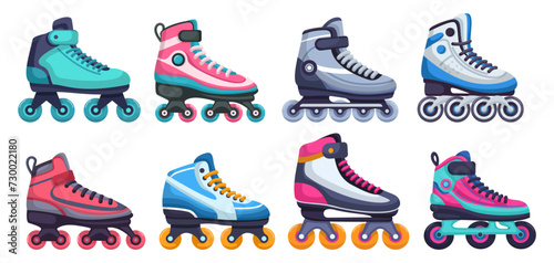 Set of modern design roller skates. Cartoon vector illustration of wheels kid sport shoes. Collection of sport inline skates isolated on white background. Skating rollers for sports adrenaline games.