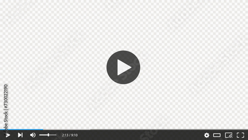 Video player transparent screen, vector interface template. Skin ui design with play button, menu bar and slider, sound and settings signs. Digital multimedia online content and movie playing control