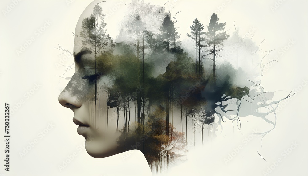 Double exposure of a woman's head with moody forest and watercolours. Melancholic view