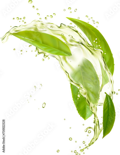 Green tea leaves in water splash, herbal drink and drops explosion, realistic vector. Green tea herbal beverage transparent splash with green leaf in water spill flow and droplets in long wave motion