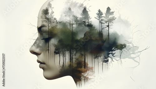 Double exposure of a woman's head with moody forest and watercolours. Melancholic view © Divid