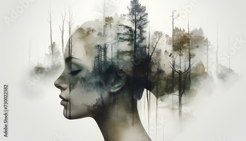 Double exposure of a woman's head with moody forest and watercolours. Melancholic view © Divid