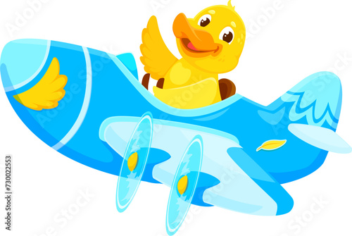 Baby animal character on plane. Cartoon animal duck kid airplane pilot. Isolated vector adorable aviator bird joyfully flying, brings cuteness to the skies with feathered charm and airborne adventures