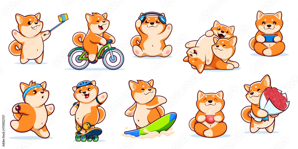Obraz premium Cartoon kawaii pets, Shiba Inu dog and puppy characters, vector funny animals. Kid cute happy Shiba Inu puppy dogs with coffee cup, on skateboard or bicycle and flowers, making selfie on mobile phone