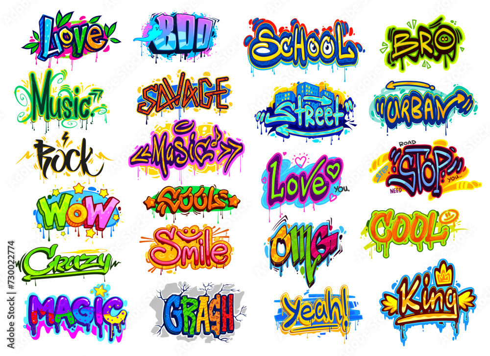 Graffiti street art, urban style wall writings and grunge text tags set. Vector graffiti cool, wow, boo, yeah and love slogans with paint drips, blots and splatters, arrows, stars and smile emoticons