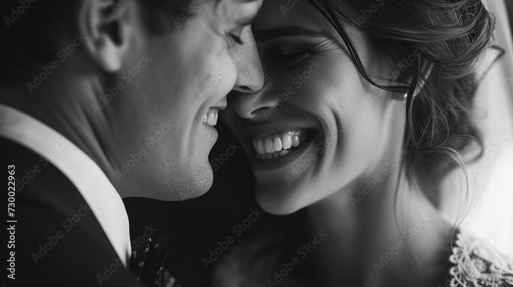 Fototapeta premium A radiant bride and groom, bathed in love's warm glow, share a kiss, their future stretching before them like the endless
