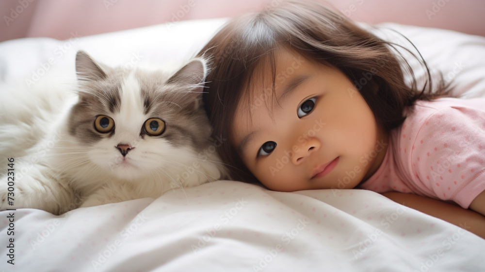 Small Asian child lies on a bed with a cat. Kitten and baby childhood friendship. Baby and cat. Child and Kitten lying together on the bed Small Asian child lies on a bed with a cat. Kitten and baby childhood friendship. Baby and cat. Child and Kitten lying together on the bed