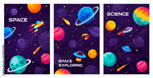 Space landscape posters with spaceship and starship, galaxy planets and stars, cartoon vector background. Outer space landscape with rocket and alien UFO in starry sky for kids space adventure