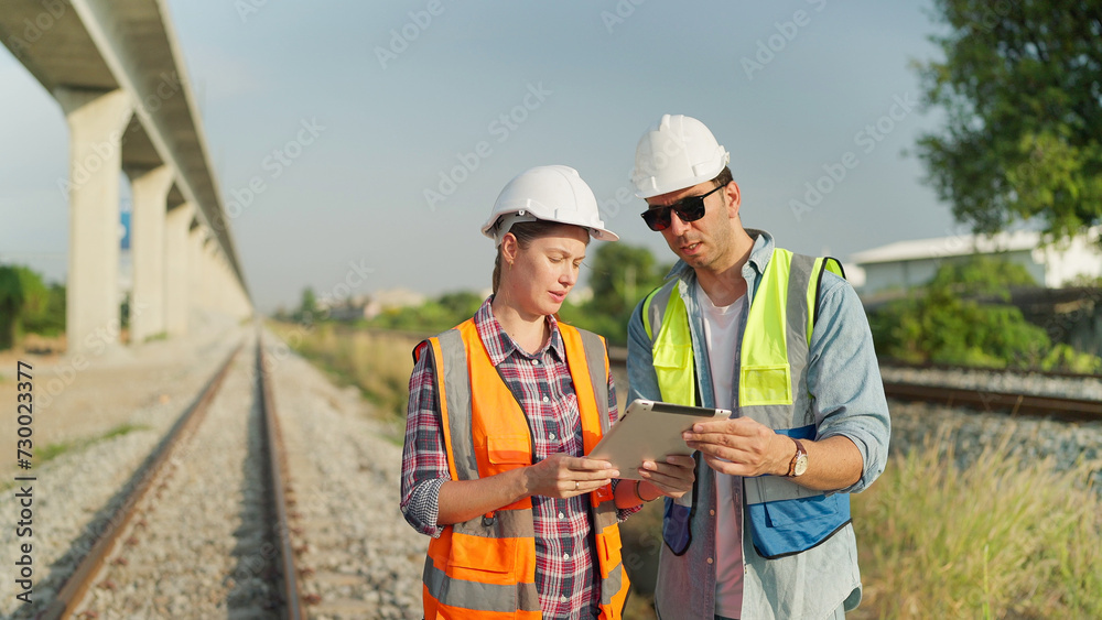 Two engineers in safety uniform and helmet using tablet discussion and inspection construction process railway while walking. Two engineer working on railway together. Teamwork concept Two engineers in safety uniform and helmet using tablet discussion and inspection construction process railway while walking. Two engineer working on railway together. Teamwork concept