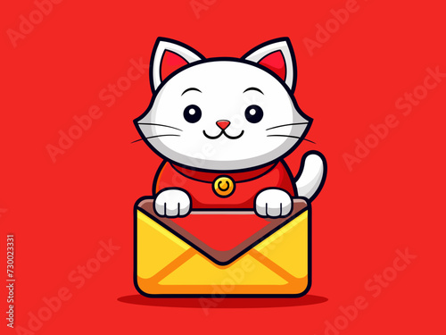 Charming Chibi Cat Logo on a Red Lucky Background