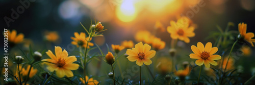 A beautiful field of flowers with a warm golden glow at sunrise