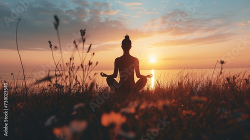 Woman practices yoga and meditates on the nature