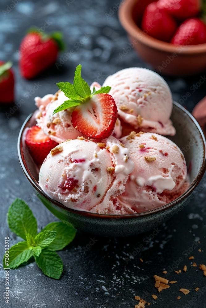 Dessert in the form of sweet creamy ice cream with strawberries Dessert in the form of sweet creamy ice cream with strawberries