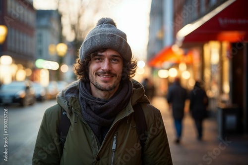 Smiling Young Man in Winter Attire Enjoying Urban Evening Walk