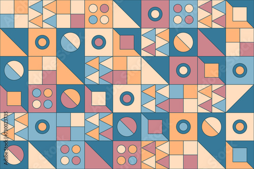 A retro-inspired abstract vector featuring a symmetrical arrangement of colorful geometric shapes, creating a seamless pattern that blends modern art with classic design elements (ID: 730023735)