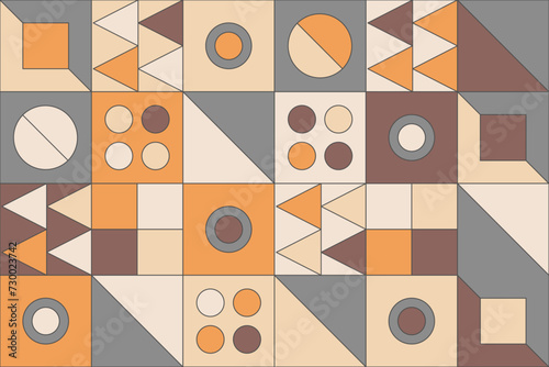 Seamless mosaic pattern with a retro geometric design, showcasing a creative array of shapes and colors in a stylish, minimal composition suitable for modern decor or wallpaper