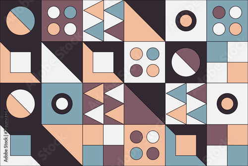A playful and stylish vector mosaic featuring an array of geometric shapes in a seamless pattern, combining pastel and bold colors for a retro, decorative wallpaper design (ID: 730023754)