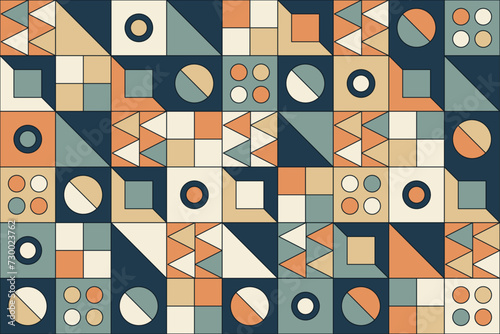 This vector pattern brings a modern twist to Bauhaus design with a seamless, colorful geometric arrangement, perfect for a trendy, artistic backdrop or stylish wall decor (ID: 730023762)