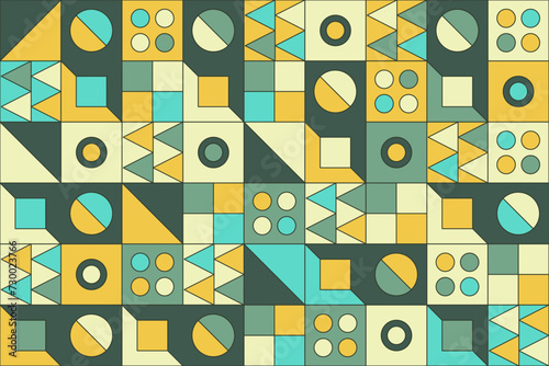 This vector artwork presents a seamless geometric pattern with a kaleidoscope of colorful shapes, exuding a trendy, retro vibe in a creative and stylish mosaic arrangement (ID: 730023766)