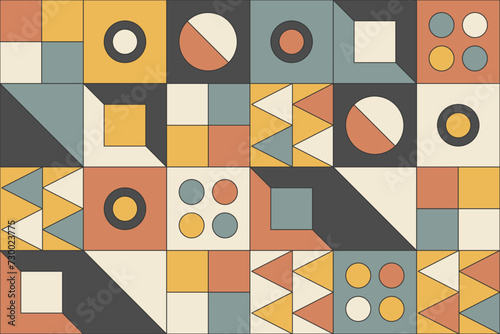 A colorful and abstract geometric pattern with a seamless design, featuring a retro-inspired mosaic of shapes and tiles in a vector format, perfect for modern stylish decor