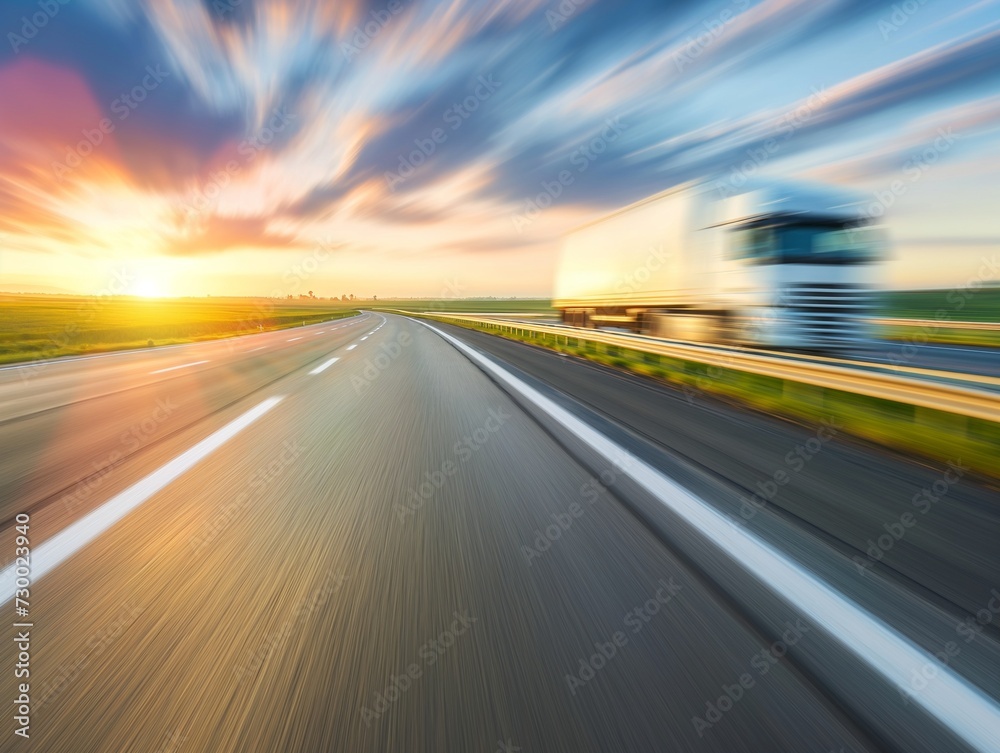 Background photograph of a highway, trucks on a highway, motion blur. Evening shot of truck doing transportation
