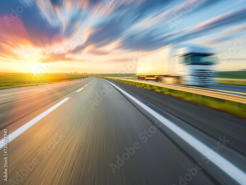 Background photograph of a highway, trucks on a highway, motion blur. Evening shot of truck doing transportation © mirifadapt