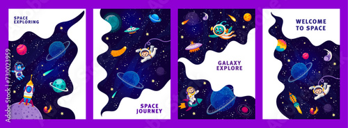 Cartoon alien and astronauts, spaceship and rockets in starry galaxy space, vector posters. Kid spaceman with UFO saucer in spaceflight to galaxy planets and stars for space adventure in galactic sky