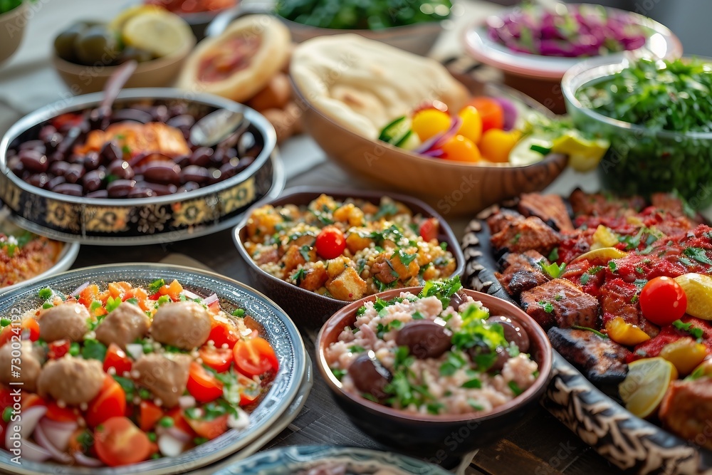 Iftar Feast in Ramadan Showcasing a Variety of Delicacies. Ramadan Mubarak