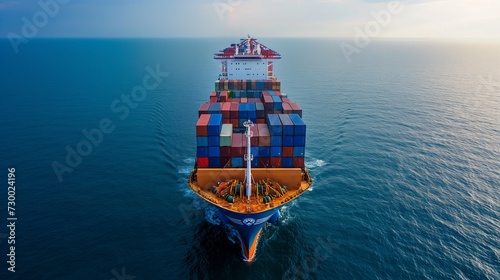 Container ship full load container for logistics in the center of the frame, shipping or transportation concept