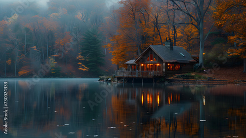 A calm lakeside retreat, with still waters reflecting the surrounding trees as the background, during a peaceful autumn evening