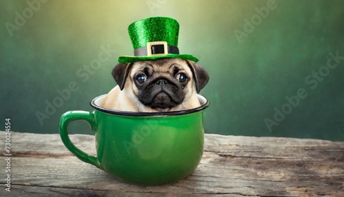 st patricks day dog with beer , Cute pug puppy inside a mug in a leprechaun hat