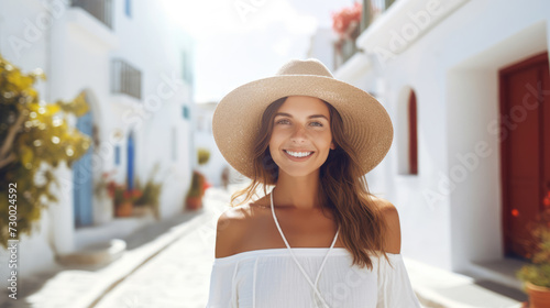 Fototapeta Naklejka Na Ścianę i Meble -  Happy tourist woman in white summer dress walks through the whitewashed streets