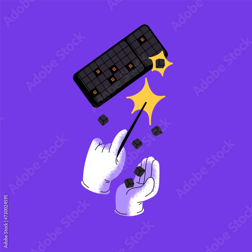 Electronics repair concept. Serviceman fixes disassembled into pieces keyboard. Broken device restore, damaged computer elements recovery. Troubleshooting service. Flat isolated vector illustration