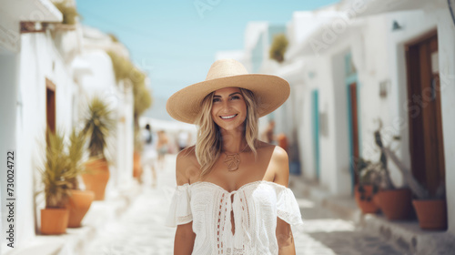 Fototapeta Naklejka Na Ścianę i Meble -  Happy tourist woman in white summer dress walks through the whitewashed streets