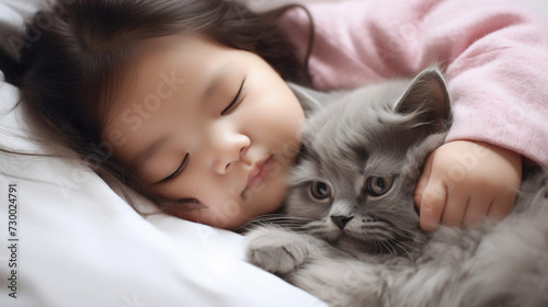 Small Asian child lies on a bed with a cat. Kitten and baby childhood friendship. Baby and cat. Child and Kitten lying together on the bed