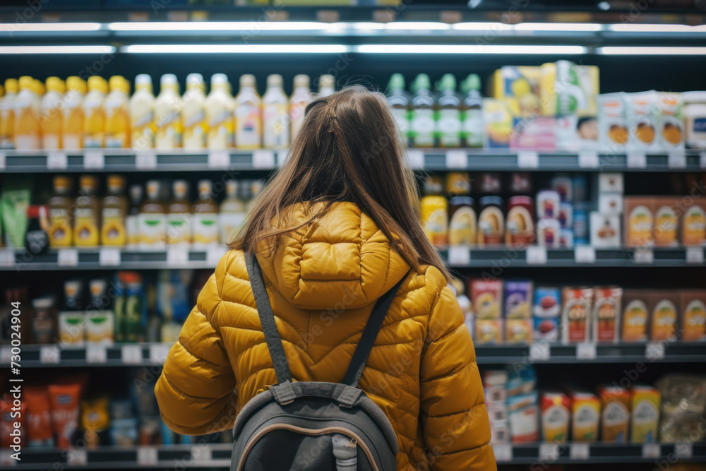 A girl in a supermarket choosing a product