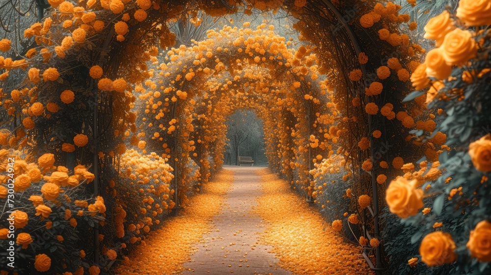 An archway filled with yellow flowers. Generative AI. - obrazy, fototapety, plakaty 