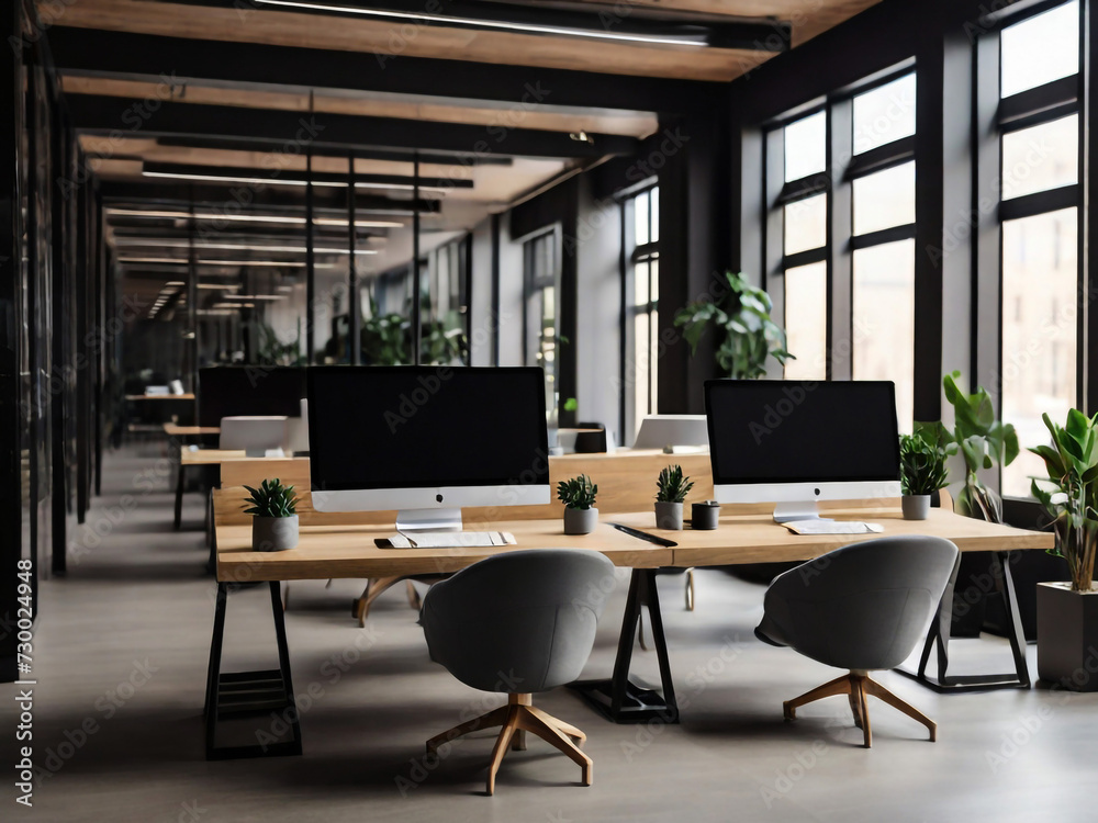 photo modern office space with desktops with modern computers created with generative ai technology photo modern office space with desktops with modern computers created with generative ai technology
