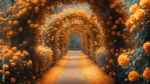 An archway filled with yellow flowers. Generative AI.