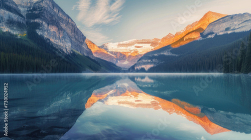 Reflection of majestic mountains on a calm lake in the morning under a blue sky © boxstock production