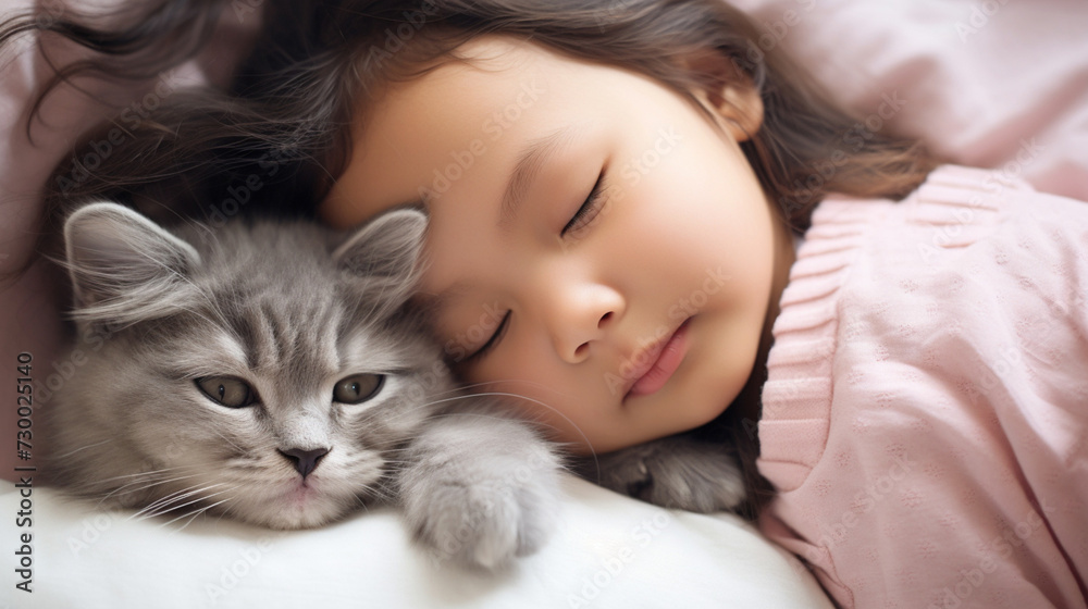 Small Asian child lies on a bed with a cat. Kitten and baby childhood friendship. Baby and cat. Child and Kitten lying together on the bed Small Asian child lies on a bed with a cat. Kitten and baby childhood friendship. Baby and cat. Child and Kitten lying together on the bed